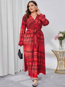 Modelyn Kích thước lớn In Dây chuyền Cổ chữ V Đầm giản dị - Đỏ - Xem 5