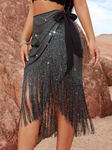 SHEIN SXY 70's Black Autumn High Waist Asymmetrical Hem Skirt,Shiny Silver Tassel Knot Tie Nightclub Party Disco Night Out Music Festival Boho Fashion - Black - View 2