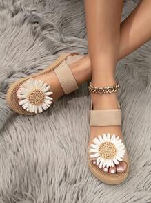 Sandalias de cuña y planas con estampado de girasol simple y casual para mujer, con puntera redonda, tira elástica y suela blanda para vacaciones, fiesta y playa en beige para San Valentín