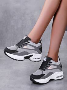 Women's Colorblock Casual Sneakers, Lace Up Breathable Platform Comfy Trainers, Versatile Low-Top Sporty Shoes - Dark Grey - View 2