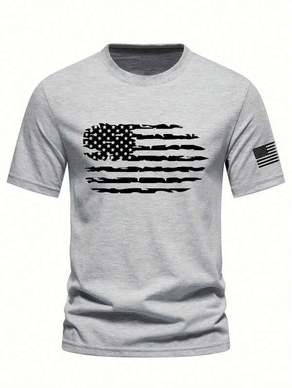 Tricou casual bărbătesc cu mânecă scurtă, guler rotund și imprimeu cu steagul SUA, 4 iulie
