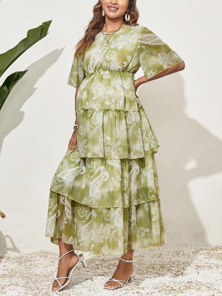 Maternity Paisley Print Multi-Layer Ruffle Hem Dress