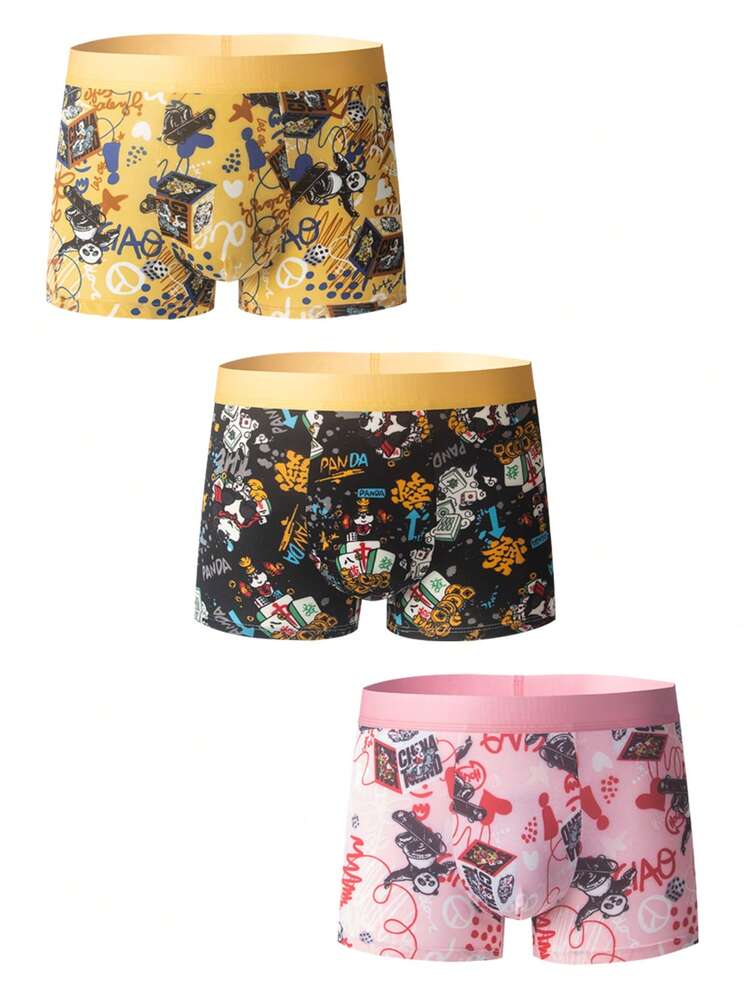 Men's Panda Printed Boxer Briefs, Set Of 3