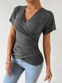 EMERY ROSE Women's Plain V-Neck Ruched Short Sleeve T-Shirt - Grey - View 5