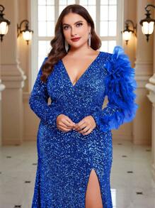 SHEIN Belle Robe De Soirée De Bal Pour Femmes De Grande Taille À Manches Longues Et Fentes Hautes En Sequins - bleu indigo - Voir 2