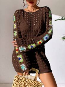 SHEIN Swim Solid Color Floral Print Round Neck Dress Cover Up Summer - Coffee Brown - View 5