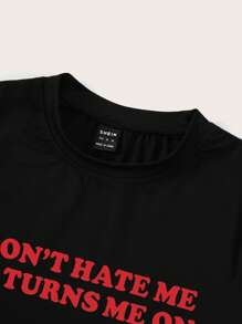 Flirla 大码女式圆领短袖 T 恤，带口号印花，DON'T HATE ME IT TURNS ME ON 图案 T 恤，夏季上衣 - 黑色 - 查看 3