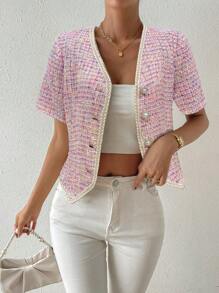 Chiquease Women's Short Sleeve Jacket With Asymmetric Hem, Single-Breasted Closure, Woven Tape Design - Pink - View 4
