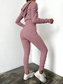 EURMUSE Women's Solid Color Hoodie And Pants Set - Dusty Pink - View 2