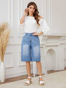 SHEIN LUNE Jeans Larges, Décontractés Et Courts À Jambes Larges De Couleur Bleu Clair Pour Femmes - Jean clair - Voir 4