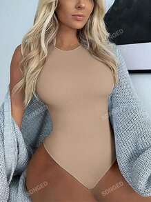 Women Solid Color Ribbed Sleeveless Bodysuit