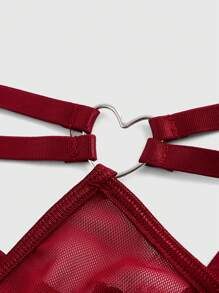 ROMWE Grunge Punk 黑暗朋克風格鋼環和彈性肩帶女性性感內衣套裝 - 酒紅色 - 查看 4