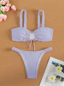 SHEIN Swim Summer Beach Women's Solid Color Crochet Hollow Out Bikini Set With Pleated Design - Mauve Purple - View 4