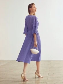 MOTF PREMIUM FASHIONABLE AND ELEGANT MID-LENGTH PLEATED DRESS WITH THREE QUARTER SLEEVES AND BELT - Purple - View 4