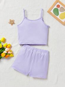 SHEIN 少女編織搞笑口號印花背心短褲時尚家居套裝 - 淡紫色 - 查看 2