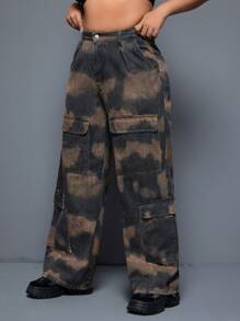 SHEIN ICON Kích thước lớn Lỏng lẻo Giò thẳng Quần jean Với Chặn màu Flip Túi - Nhiều màu - Xem 6