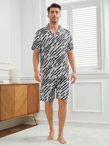 男士數字印花前扣門居家服套裝,帶口袋 - 淺灰紫 - 查看 4