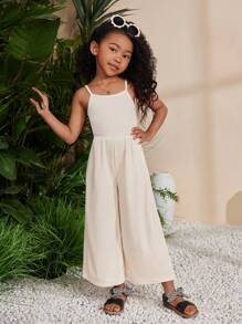 SHEIN Young Girl's Spring/Summer Knitted Solid Color Jumpsuit With Spaghetti Strap For Vacation Or Leisure