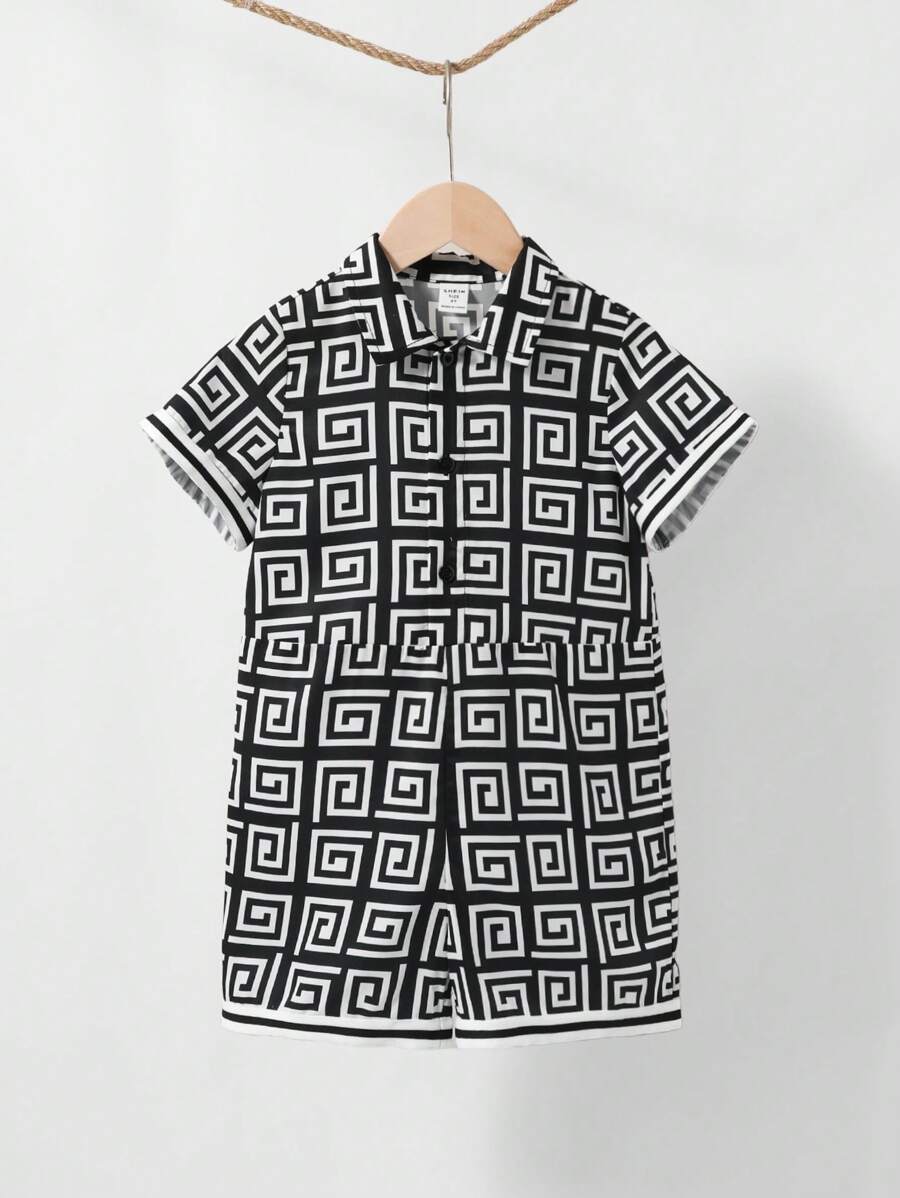 SHEIN Peto informal de patrón geométrico con cuello para niño joven - Negro - Ver 1