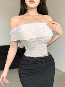 Dazy Designer Women's One Shoulder See-Through Design Slim-Fit T-Shirt Sheer,Off Shoulder Top - White - View 6