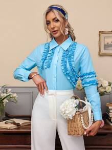 GENKIRA 女士纯色长袖衬衫，带荷叶边装饰 - 藍色 - 查看 3