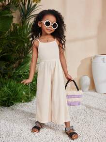 SHEIN Young Girl's Spring/Summer Knitted Solid Color Jumpsuit With Spaghetti Strap For Vacation Or Leisure