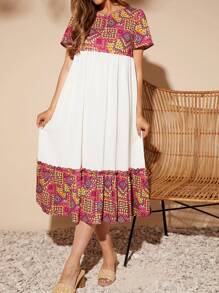 SHEIN VCAY Geo Print Ruffle Hem Smock Dress With Sleeves