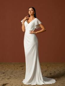 Simple V-Neck Elegant Layered Ruffle Sleeves French Style Light Wedding Dress - White - View 8