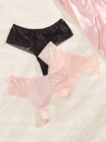 3pcs/Set Plus Size Women's Solid Color Lace Panties