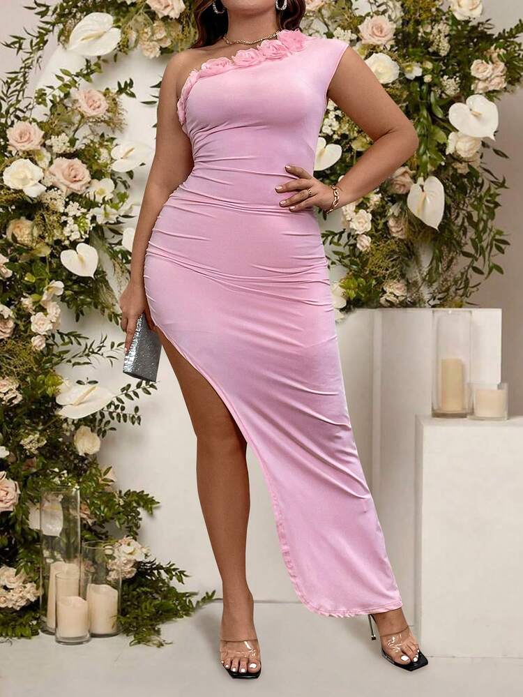 Plus Size Solid Color Oblique-Shoulder Slit Dress With 3d Flower Embellishments, Wedding Guest Dress
