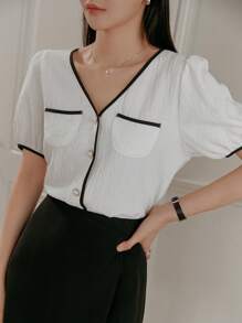 DAZY Áo cánh tay bồng dáng rộng màu khối có cổ chữ V mùa hè cho nữ, trang phục công sở thường ngày - trắng - Xem 6