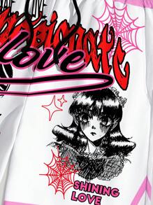 ROMWE MEN Anime 男士動漫角色和字母印花織物短褲,春夏季節 - 白色 - 查看 4