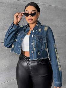 SHEIN SXY Kích thước lớn Rách Ngắn Áo khoác denim - Rửa trung bình - Xem 4