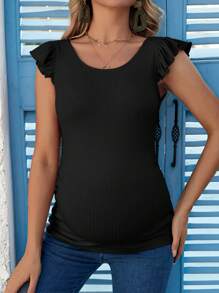 SHEIN 孕婦圓領荷葉邊袖口修身t卹 - 黑色 - 查看 5