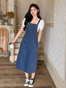 DAZY Women's Denim Dress With Split Shoulder Straps Summer - Blue - View 2