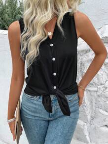 SHEIN LUNE 女式無袖V領休閒背心，單排扣前扣，打結下擺 - 黑色 - 查看 6