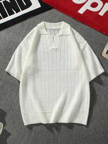 Claim Dot Men's Plain V-Neck Short Sleeve Knitted Crochet Top - White - View 4