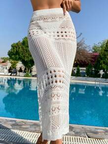SHEIN Swim Summer Slit Knit Cover-Up Skirt - White - View 2