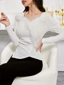 Modelyn Women's Solid Color Fluffy Patchwork Pleated Asymmetrical Hem T-Shirt