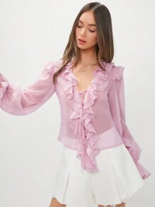 Enchnt Women's Patchwork Ruffle Hem Flare Sleeve Shirt