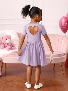 SHEIN Vestido informal de punto unicolor con cuello redondo de manga corta con corte trasero hueco para niña joven - Púrpura malva - Ver 5