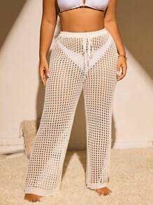 SHEIN Swim Curve Kích thước lớn Của phụ nữ Cắt dán áo có mũ Quần Với Eo Buộc - trắng - Xem 3