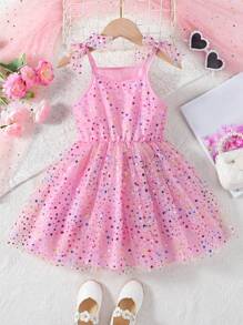 SHEIN Vestido de fiesta para niña joven con tirantes sin mangas y coloridas estrellas en forma de lazo de tul, adecuado para bodas de niña de las flores o fiestas - Rosa - Ver 1