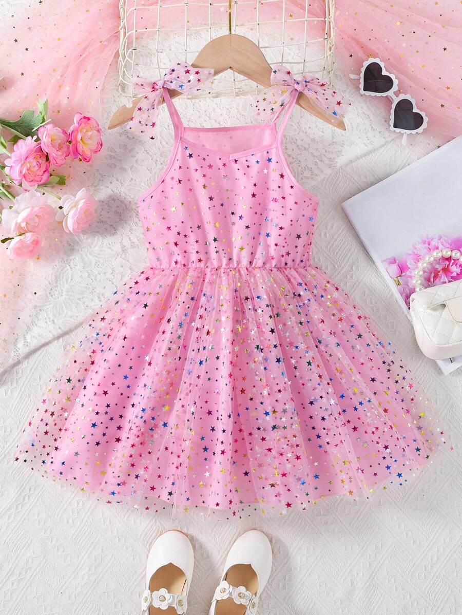 SHEIN Vestido de fiesta para niña joven con tirantes sin mangas y coloridas estrellas en forma de lazo de tul, adecuado para bodas de niña de las flores o fiestas - Rosa - Ver 1