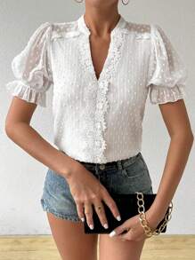 SHEIN Privé Women's Solid Color Short Sleeve Shirt With V-Neck And Lace Accent - White - View 1