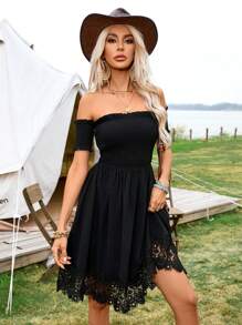 SHEIN VCAY 音樂節夏日假期純色編織修身短款貼身露肩女裝