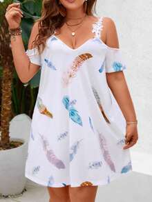 SHEIN VCAY 大碼羽毛印花露肩拼接蕾絲連衣裙 - 彩色 - 查看 5