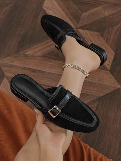 Zuecos con puntera redonda cómoda de moda para otoño 2025, chanclas con decoración de hebilla, zapatos planos de mujer con talón abierto