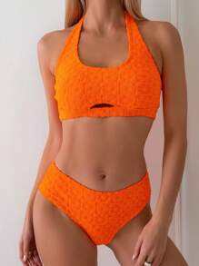 SHEIN Swim Ensemble de bikini séparé en jacquard de couleur unie pour femme, ajouré, col licou, plage d'été
