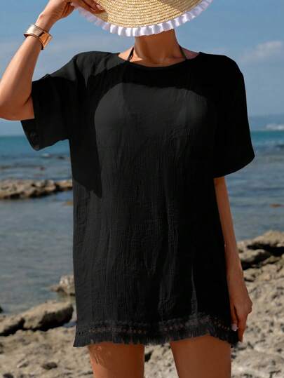 Swim Vcay 女士黑色簡約流蘇邊短袖遮臀罩衣